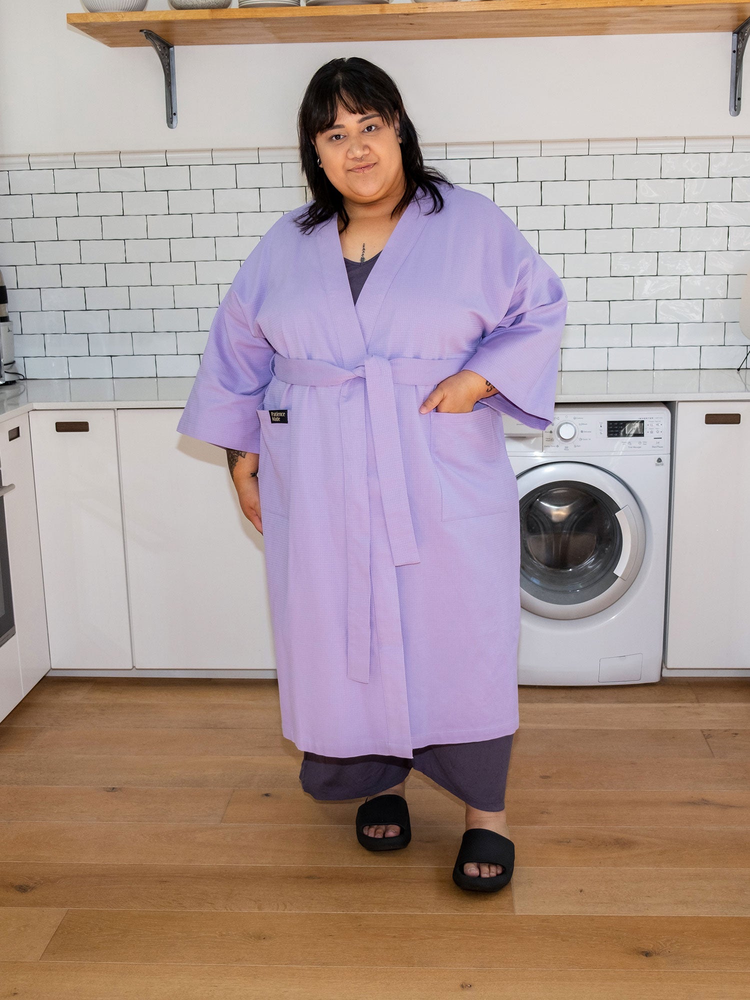 Lavender mid purple coloured  cotton waffle robe with adjustable tie belt and large pockets