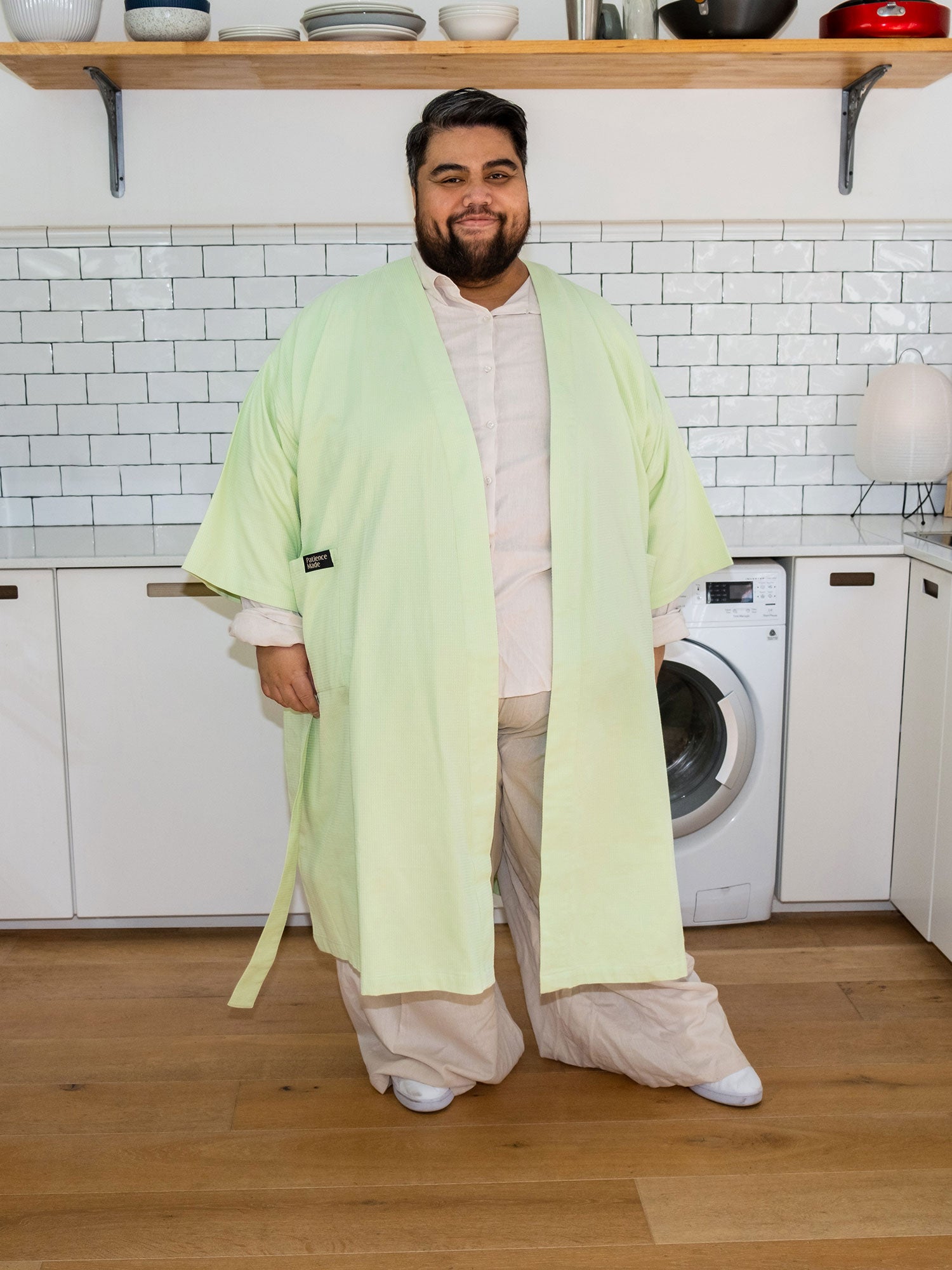 Butterfly bright pastel green coloured cotton waffle robe with adjustable tie belt and large pockets