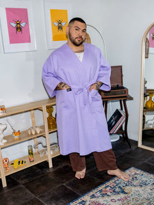 Lavender mid purple coloured  cotton waffle robe with adjustable tie belt and large pockets