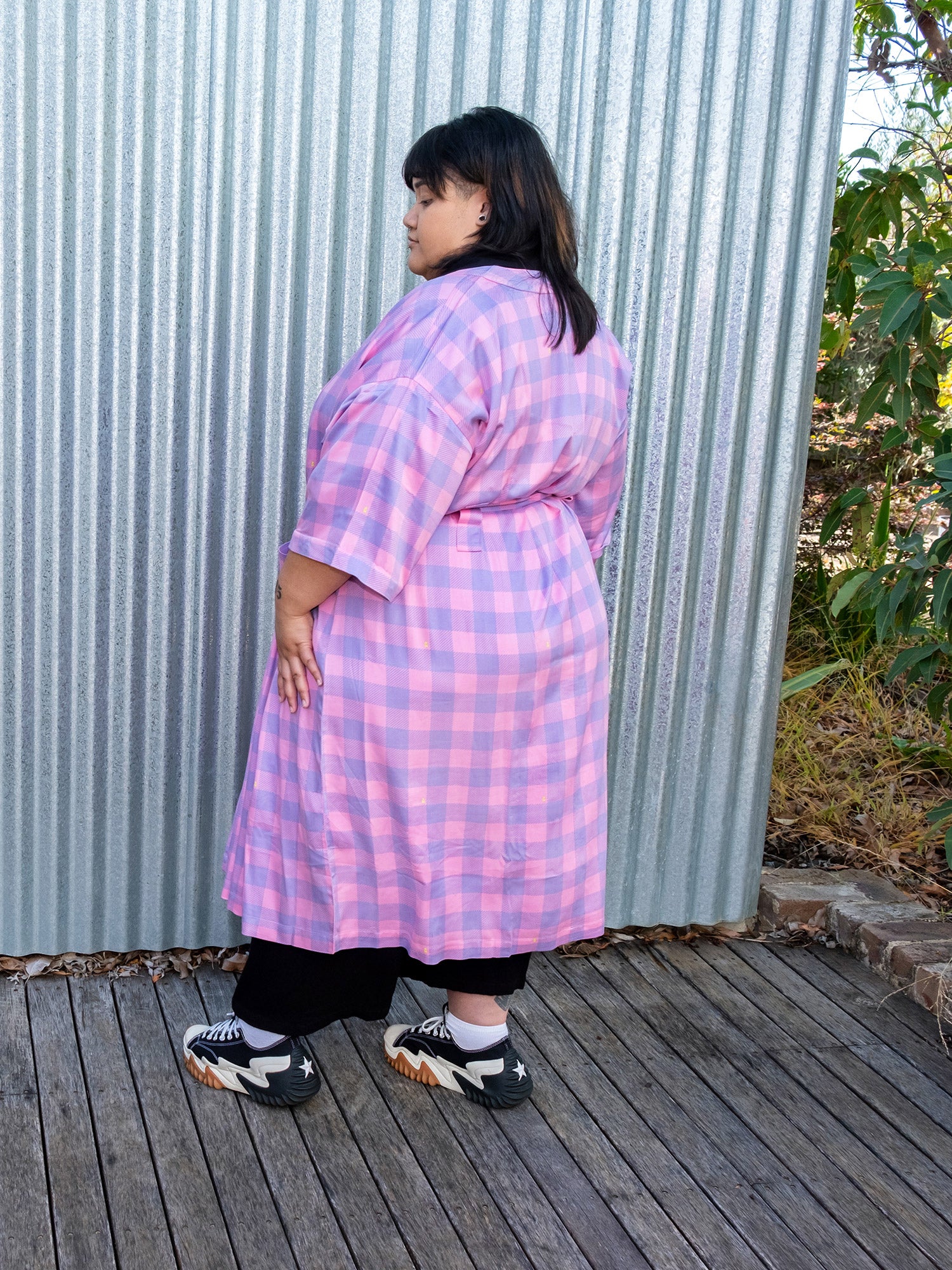 pink and purple pastel gingham printed robe in smooth fabric with adjustable tie belt and large pockets