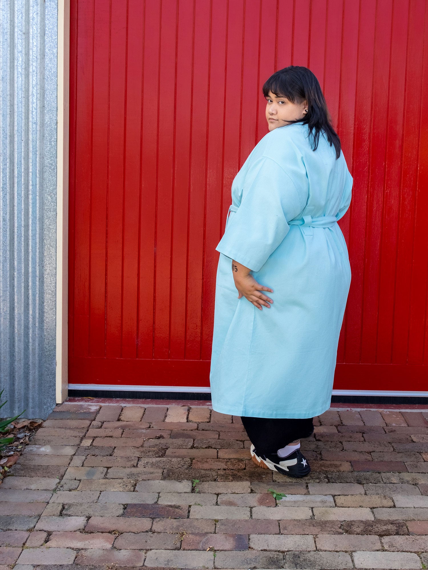 Island Paradise bright pastel aqua blue coloured cotton waffle robe with adjustable tie belt and large pockets