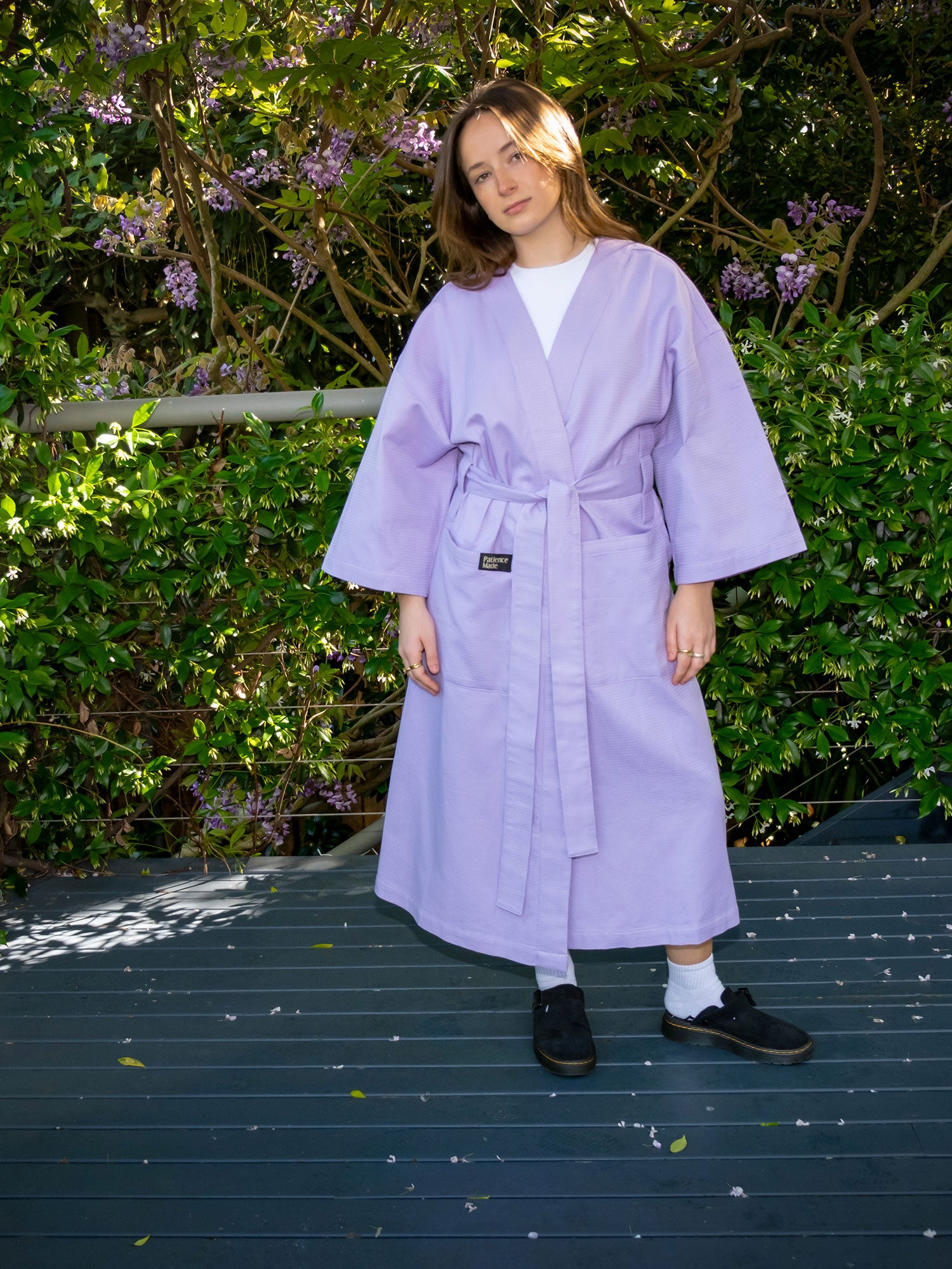 Lavender mid purple coloured  cotton waffle robe with adjustable tie belt and large pockets