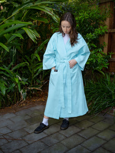 Island Paradise bright pastel aqua blue coloured cotton waffle robe with adjustable tie belt and large pockets