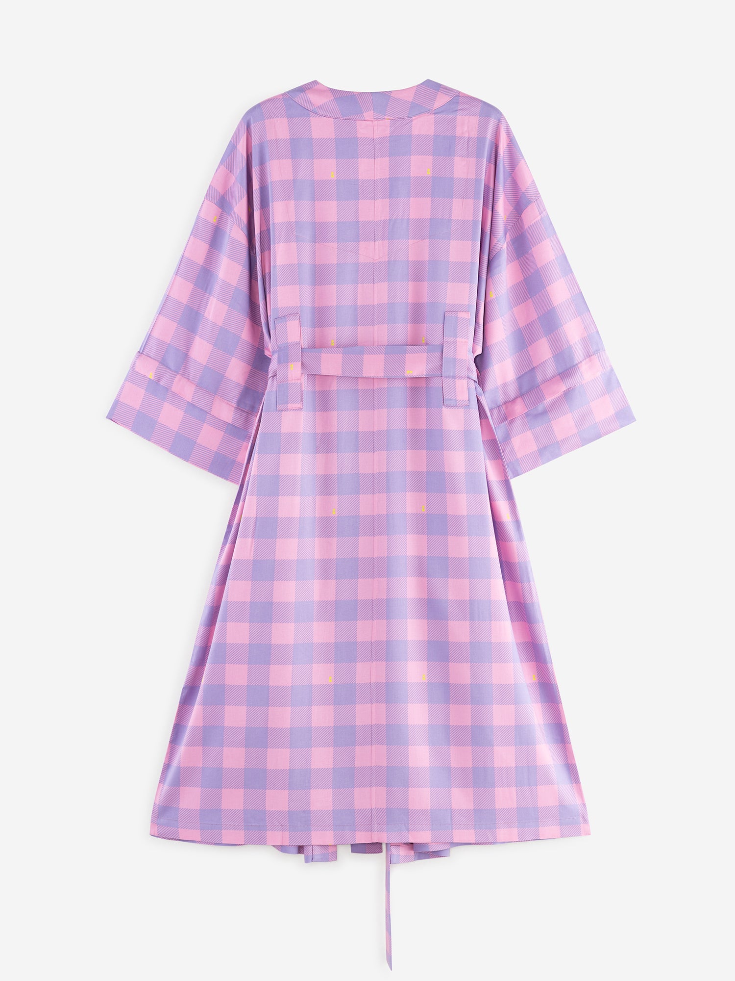 pink and purple pastel gingham printed robe in smooth fabric with adjustable tie belt and large pockets