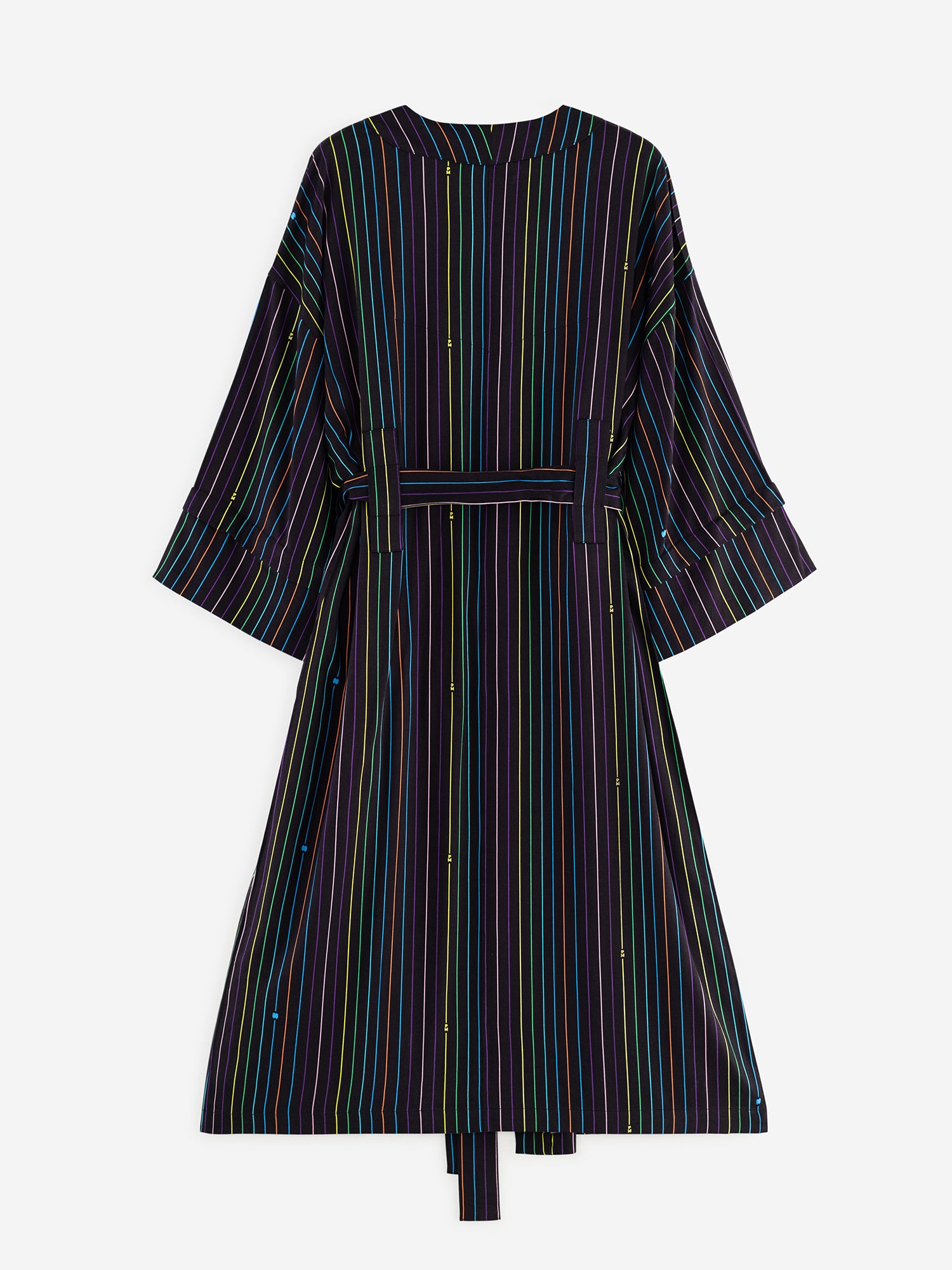 black with rainbow pinstripe printed robe in smooth fabric with adjustable tie belt and large pockets