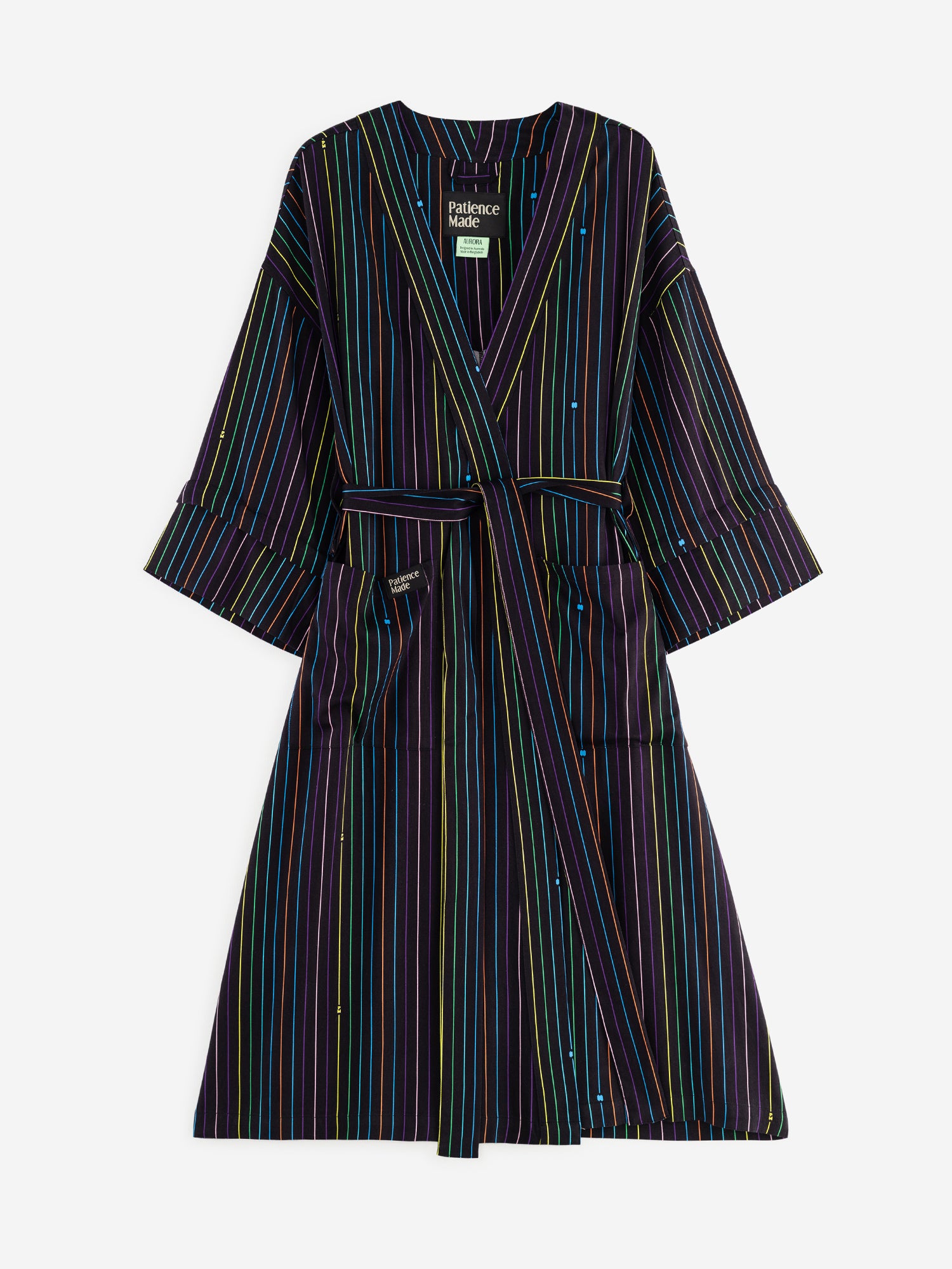 black with rainbow pinstripe printed robe in smooth fabric with adjustable tie belt and large pockets