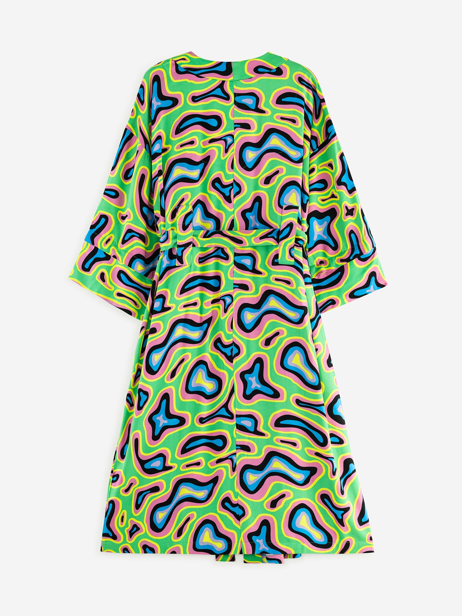 green, black, purple, pink, yellow, blue - multicoloured topographic map-inspired printed robe in smooth fabric with adjustable tie belt and large pockets