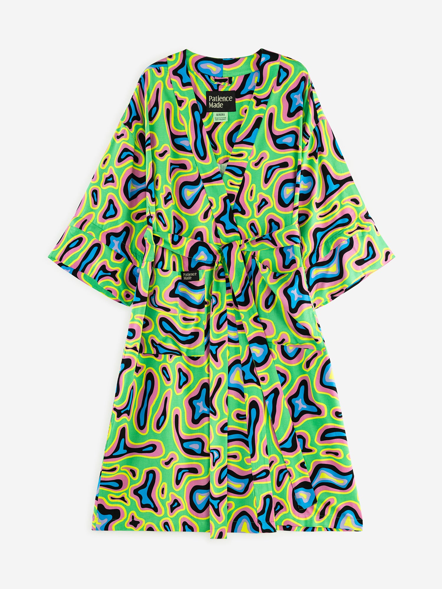 green, black, purple, pink, yellow, blue - multicoloured topographic map-inspired printed robe in smooth fabric with adjustable tie belt and large pockets