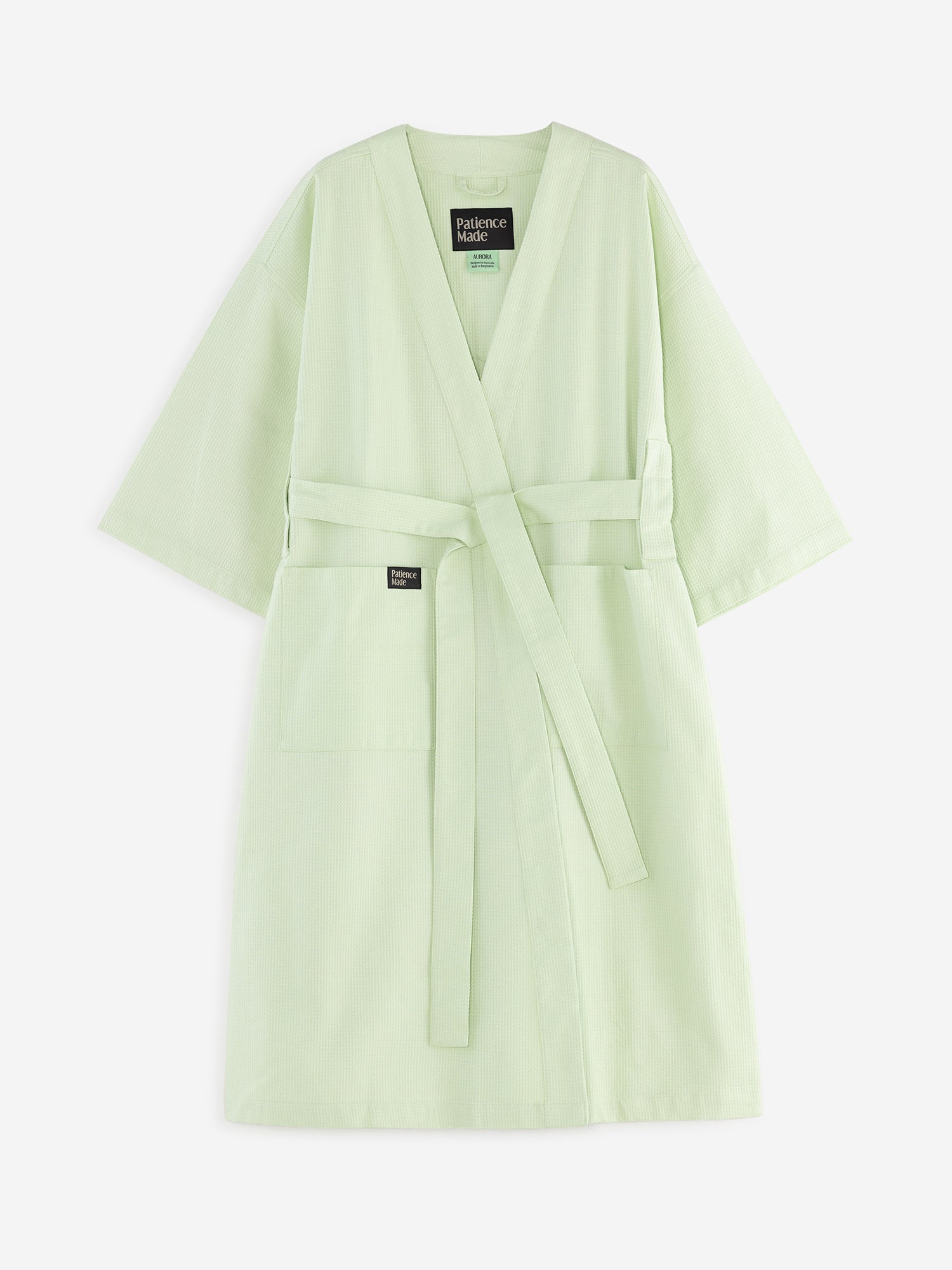 Butterfly bright pastel green coloured cotton waffle robe with adjustable tie belt and large pockets