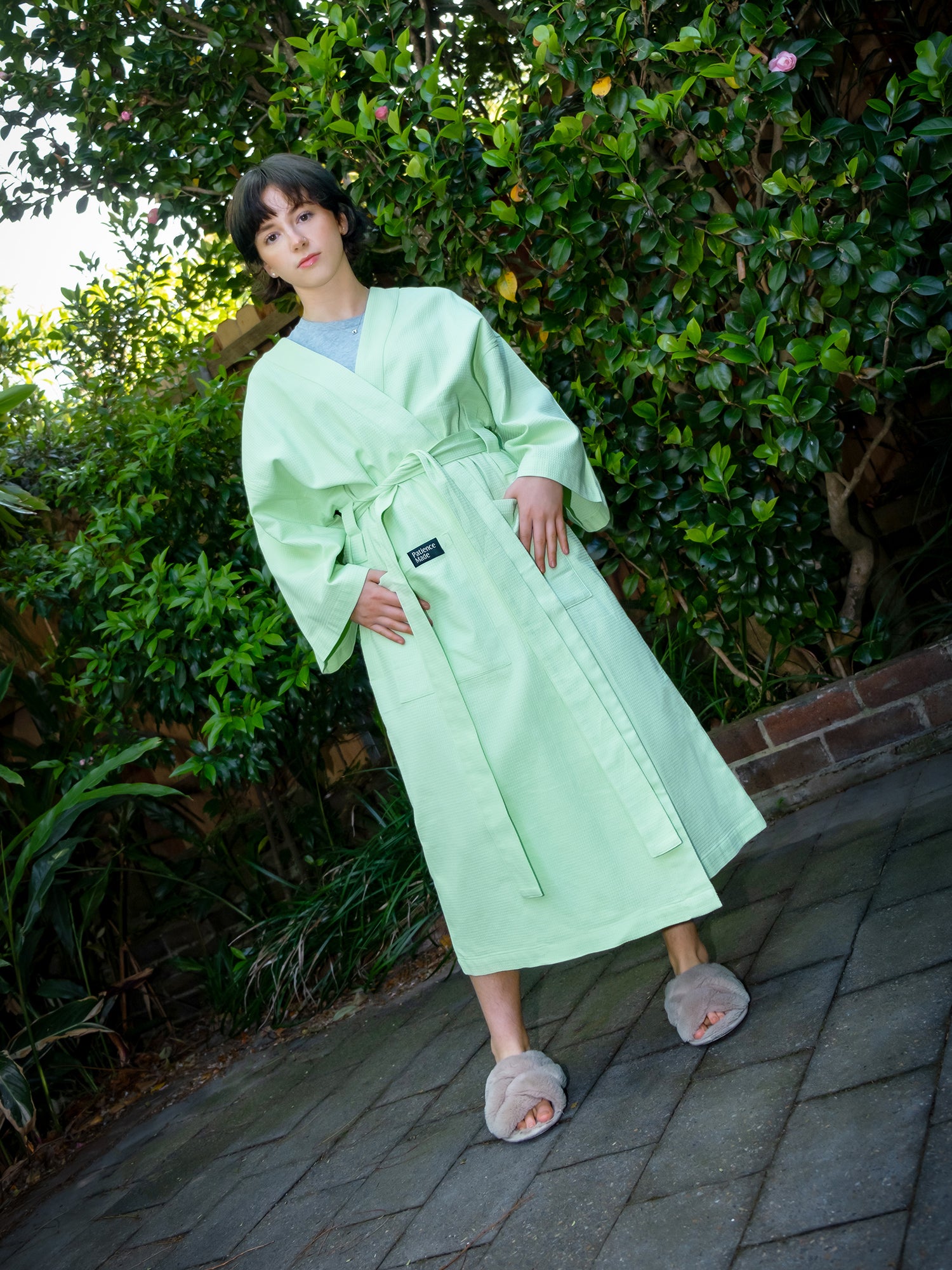 Butterfly bright pastel green coloured cotton waffle robe with adjustable tie belt and large pockets