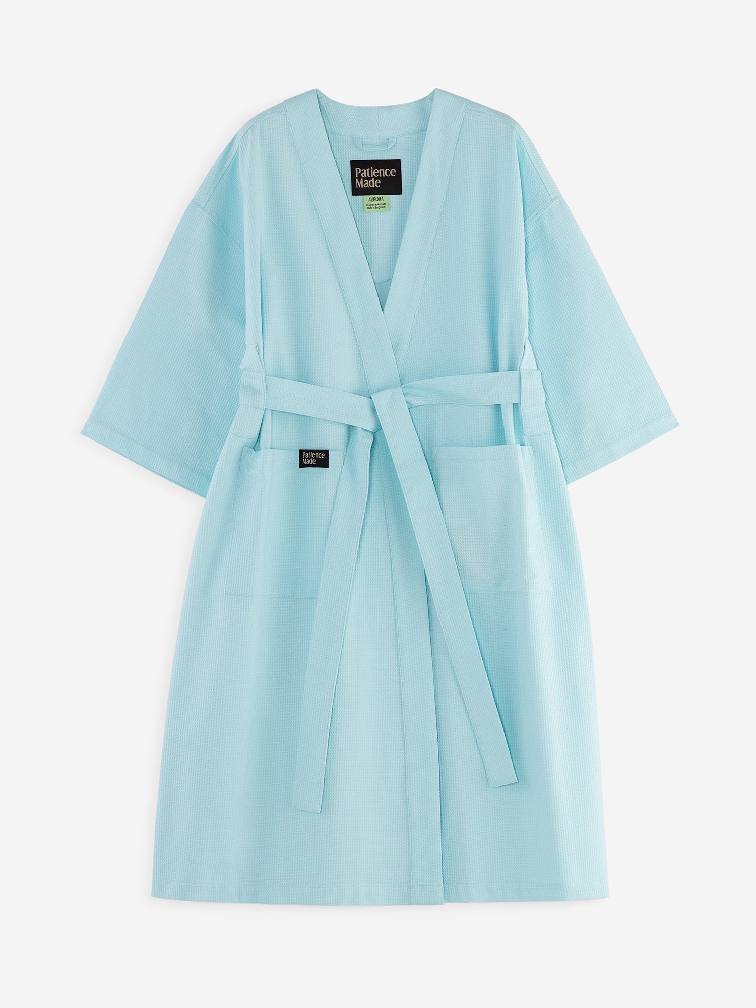 Island Paradise bright pastel aqua blue coloured cotton waffle robe with adjustable tie belt and large pockets