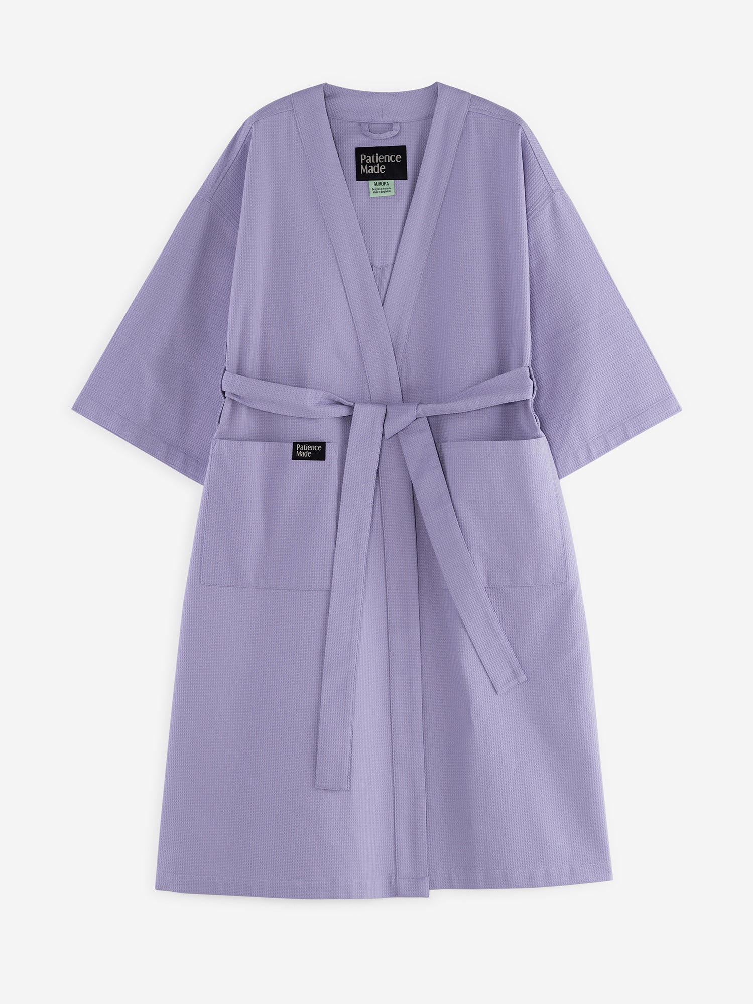 Lavender mid purple coloured  cotton waffle robe with adjustable tie belt and large pockets